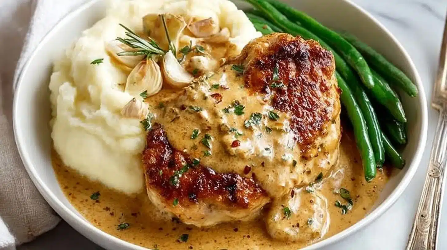 Creamy Garlic Chicken for Quick and Cozy Weeknight Meals 1 Creamy garlic chicken served with herbs and a side of vegetables.