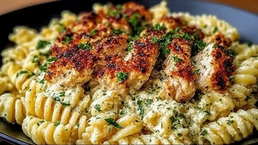 Creamy garlic parmesan chicken pasta on a plate, topped with parsley