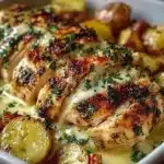 Creamy Herb Chicken Skillet with Garlic Parmesan Sauce garnished with herbs