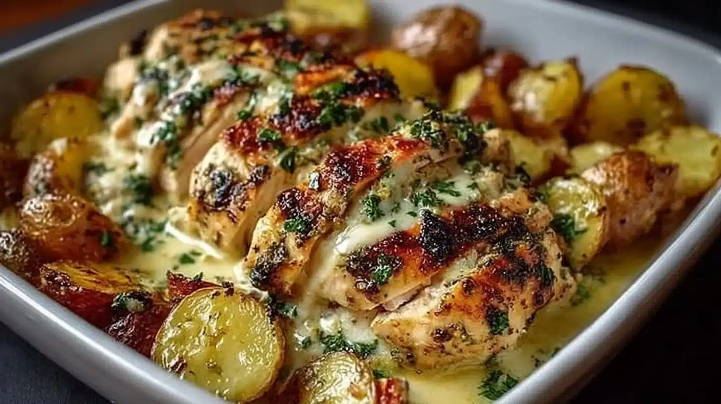 Creamy Herb Chicken Skillet with Garlic Parmesan Sauce 1 Creamy Herb Chicken Skillet with Garlic Parmesan Sauce garnished with herbs