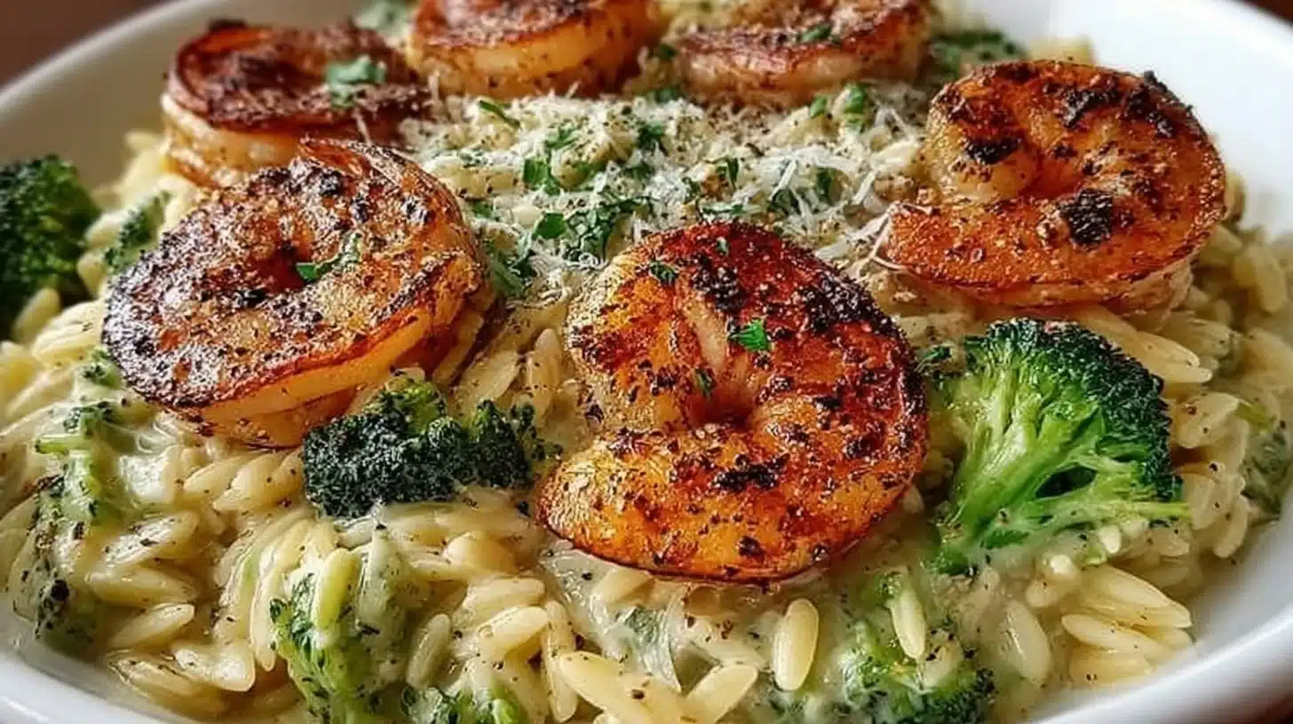 Best Creamy Orzo Shrimp and Broccoli for Cozy Weeknight Meals 1 Creamy orzo shrimp dish with broccoli, featuring a rich sauce and garnished herbs.