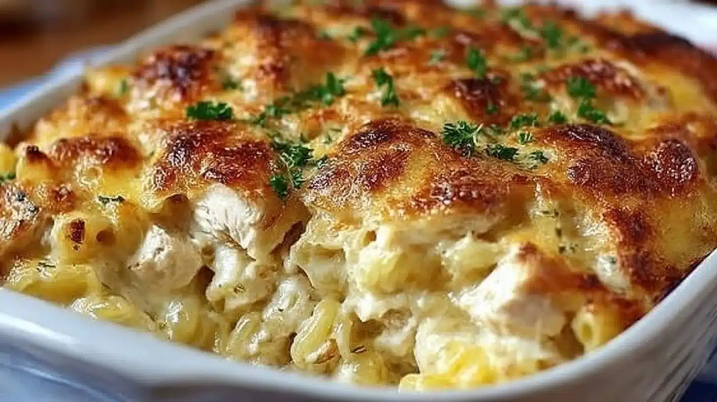 Creamy Paula Deen chicken casserole served in a baking dish