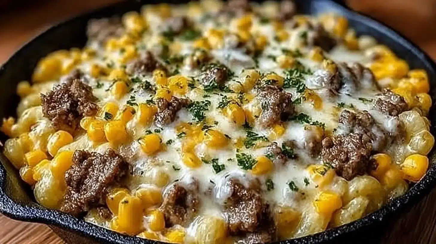 Creamy ranch beef skillet served in a cast iron pan with fresh herbs.