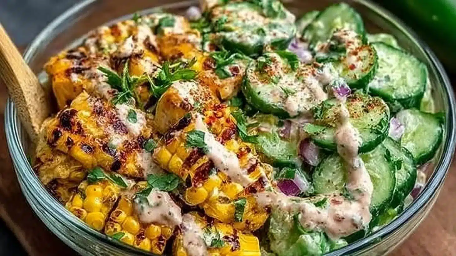 Creamy Street Corn Chicken Salad with crunchy cucumbers on a white plate