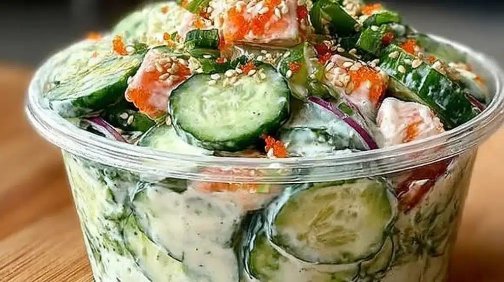 Creamy sushi cucumber salad with fresh ingredients in a bowl
