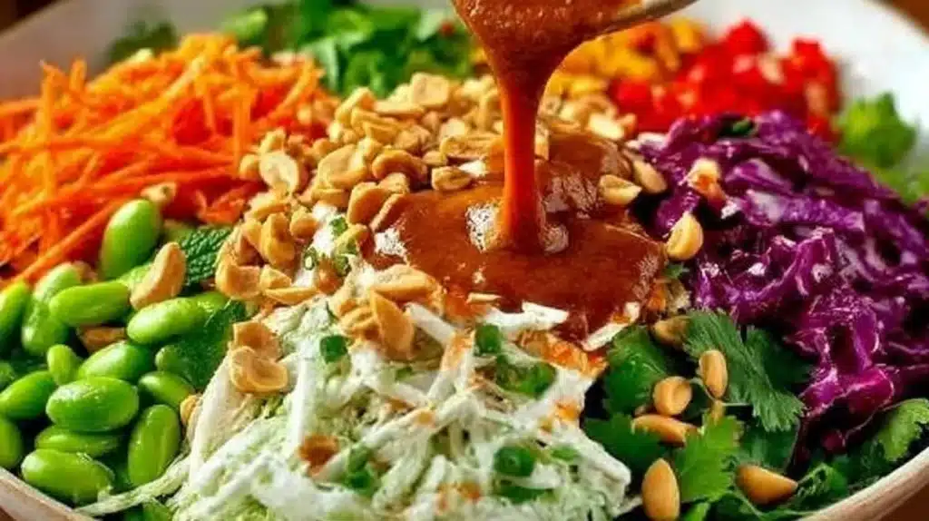 Crispy Asian Chicken Salad with crunchy veggies and sesame dressing