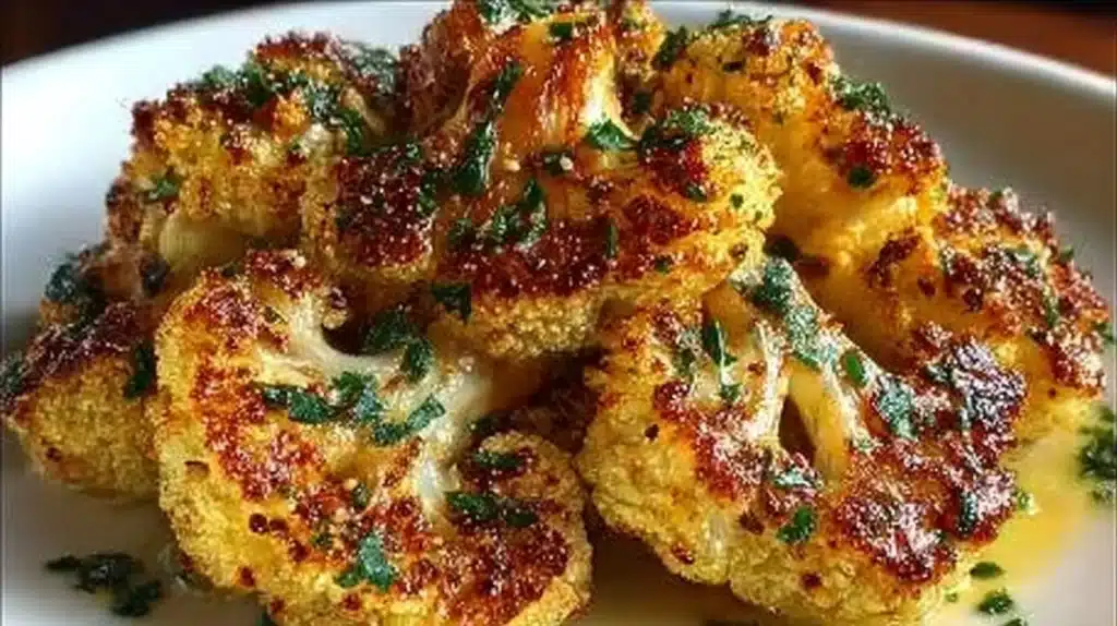 Crispy buttered garlic cauliflower roast dish garnished with herbs.