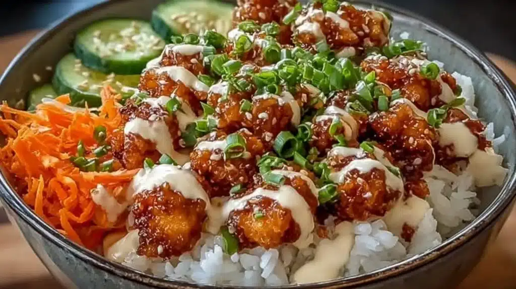 Crispy Chicken Bowl topped with Bang Bang Mayo Sauce on a table