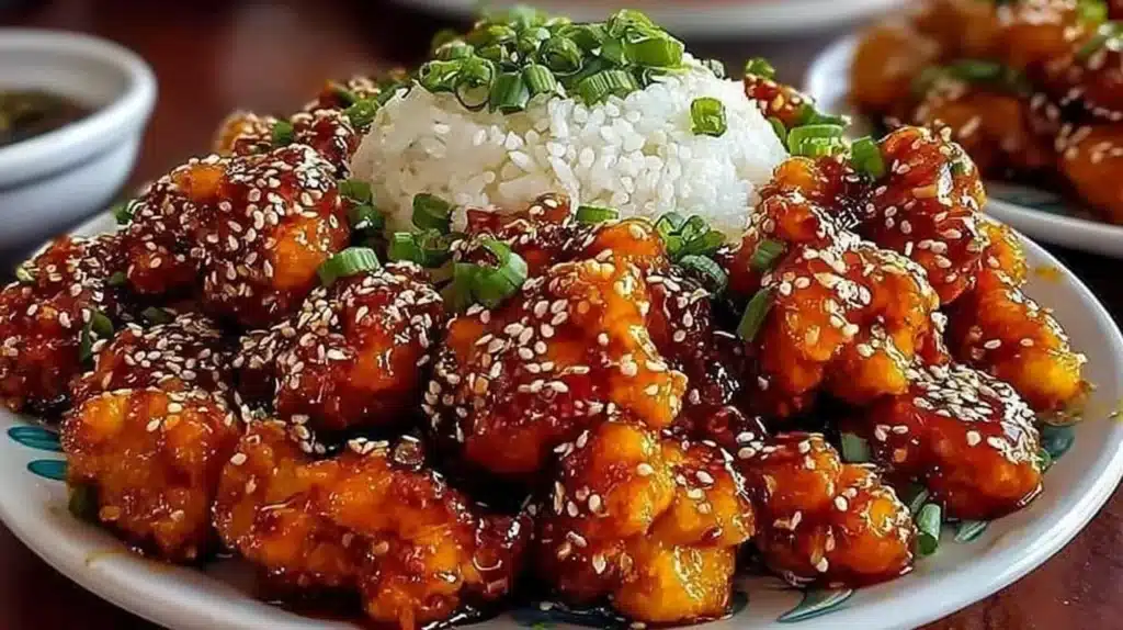 Crispy honey garlic chicken served with fresh vegetables on a plate.