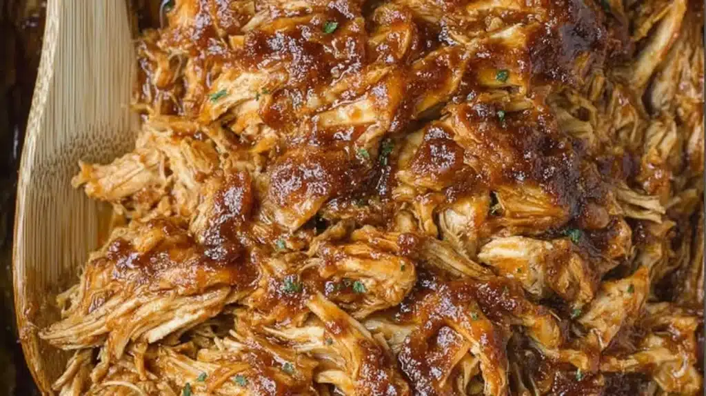 Crockpot BBQ chicken served with sides on a wooden table