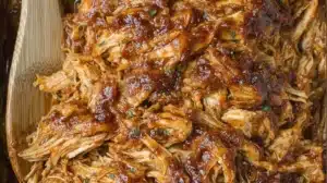 Crockpot BBQ chicken served with sides on a wooden table