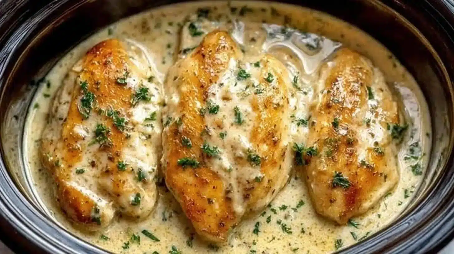 Crockpot Creamy Garlic Parmesan Chicken garnished with parsley, served on a plate.