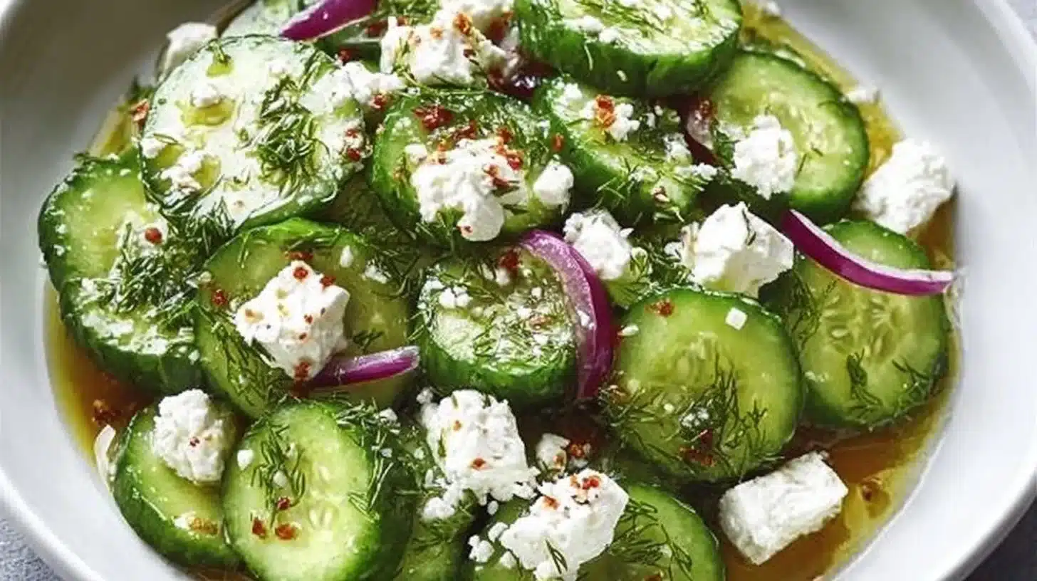 Cucumber Feta Salad topped with Lemon Greek Vinaigrette in a bowl