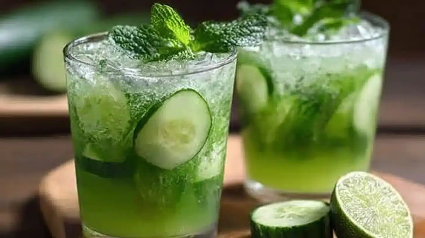Cucumber Mint Refresher sparkling drink in a glass with mint leaves and cucumber slices