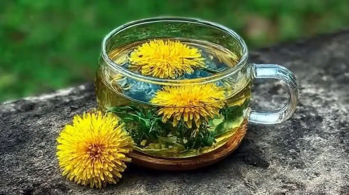 A cup of dandelion tea surrounded by fresh dandelion leaves.