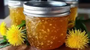 Best Fresh Dandelion Jelly for a Sweet Springtime Treat Jars of homemade dandelion jelly with fresh dandelions in the background.
