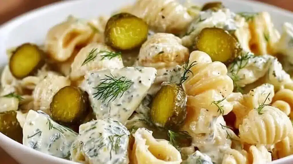 Bowl of Dill Pickle Pasta Salad with fresh ingredients and dill sprigs
