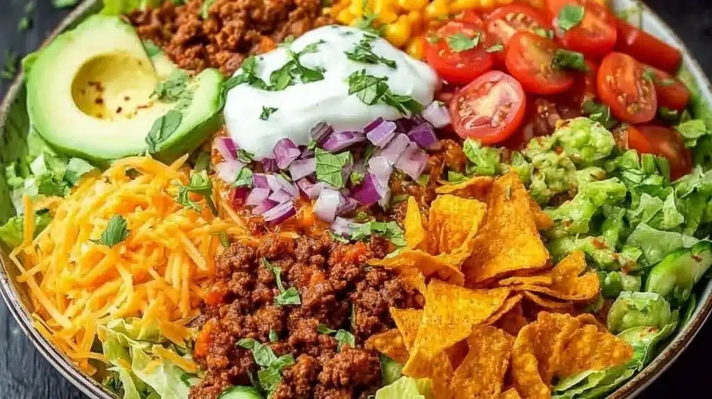 Delicious Dorito Taco Salad topped with fresh ingredients and Doritos
