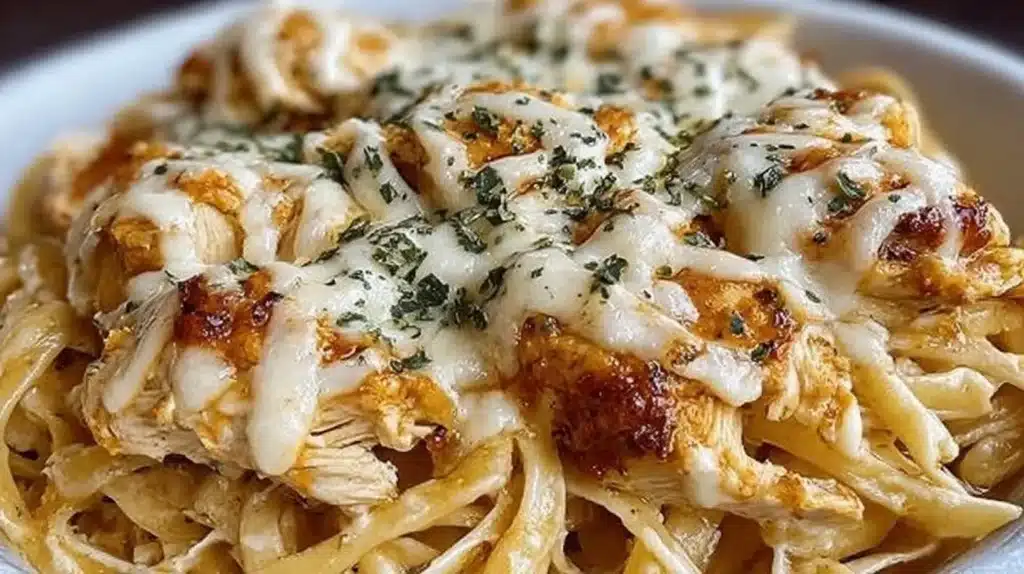 Crockpot Garlic Parmesan Chicken Pasta in a bowl with herbs and cheese
