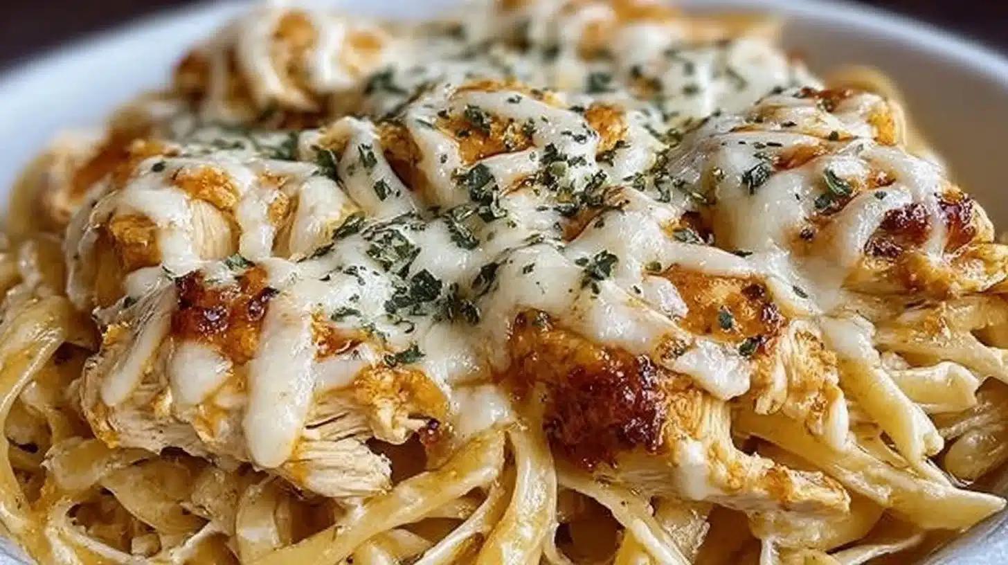Crockpot Garlic Parmesan Chicken Pasta for Easy Family Dinners 1 Crockpot Garlic Parmesan Chicken Pasta in a bowl with herbs and cheese