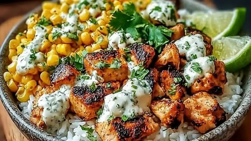 Easy Street Corn Chicken Rice Bowl with fresh ingredients on a plate