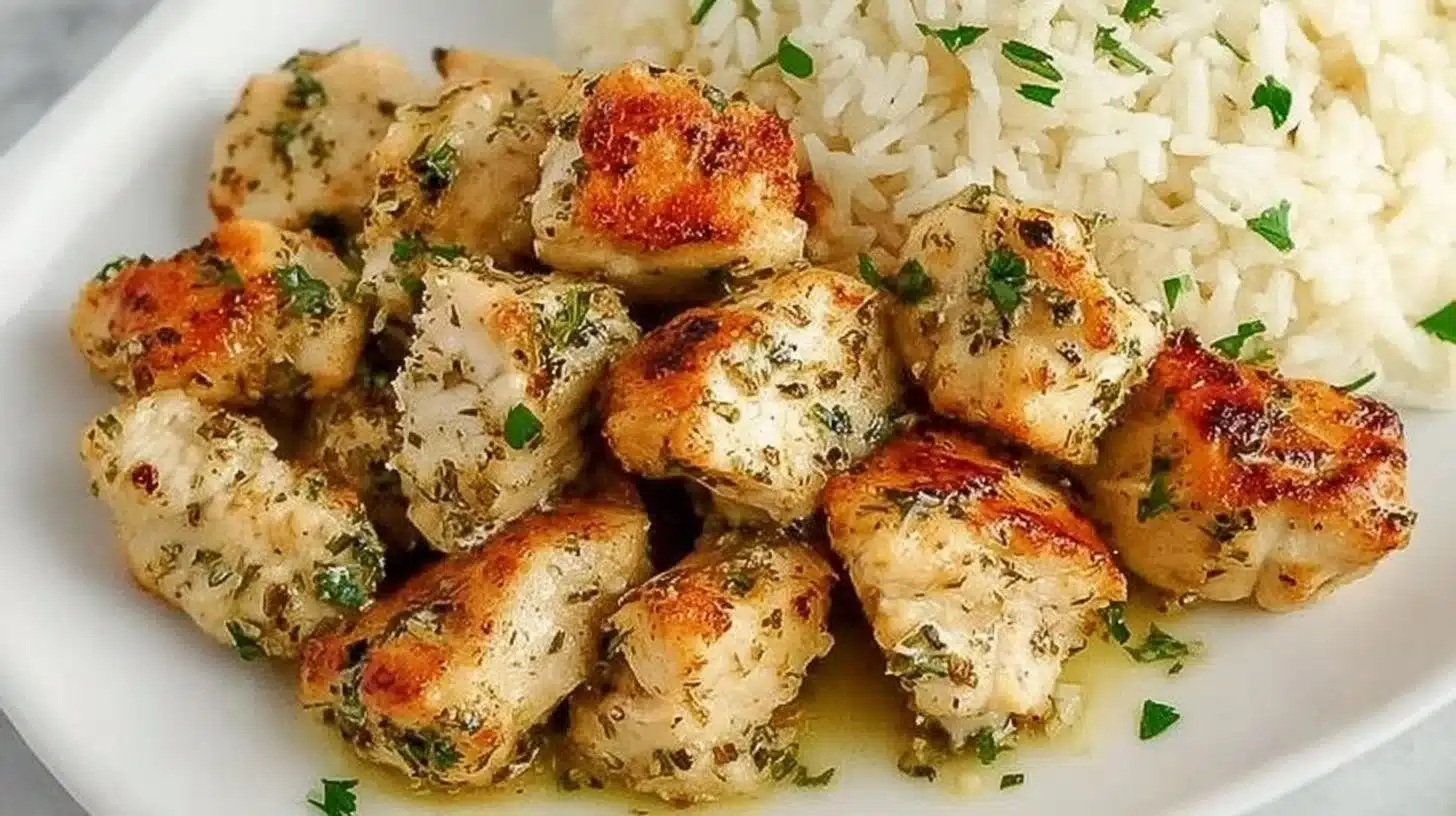 Savory Garlic Chicken Bites served with dipping sauce on a plate