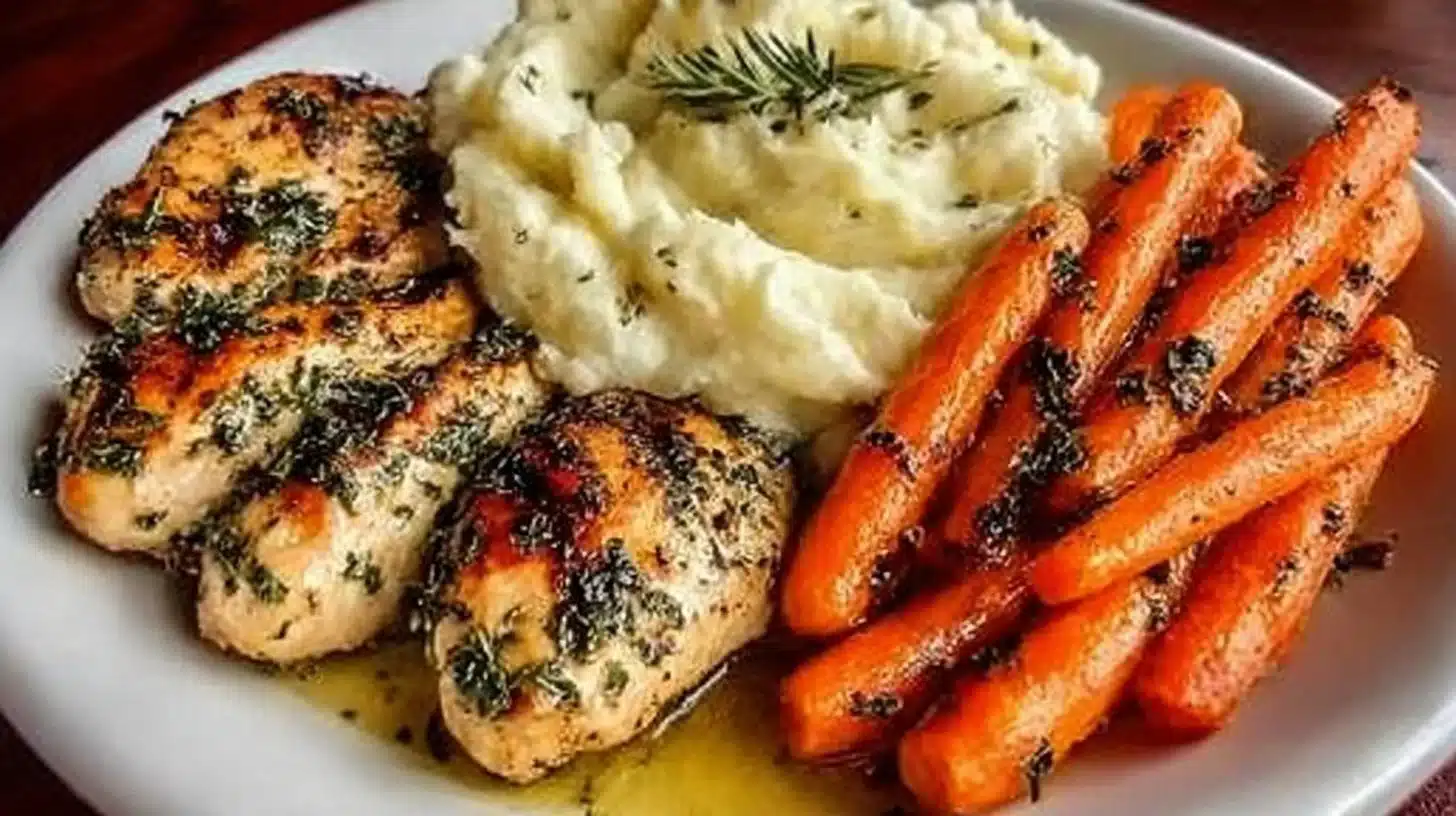 Plate of Garlic Herb Chicken with mashed potatoes and glazed carrots