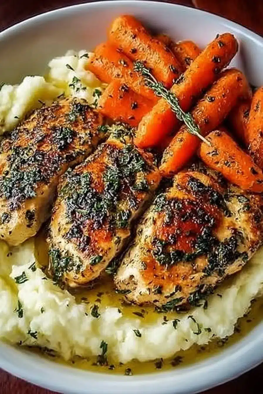 Garlic Herb Chicken with Mashed Potatoes and Glazed Carrots