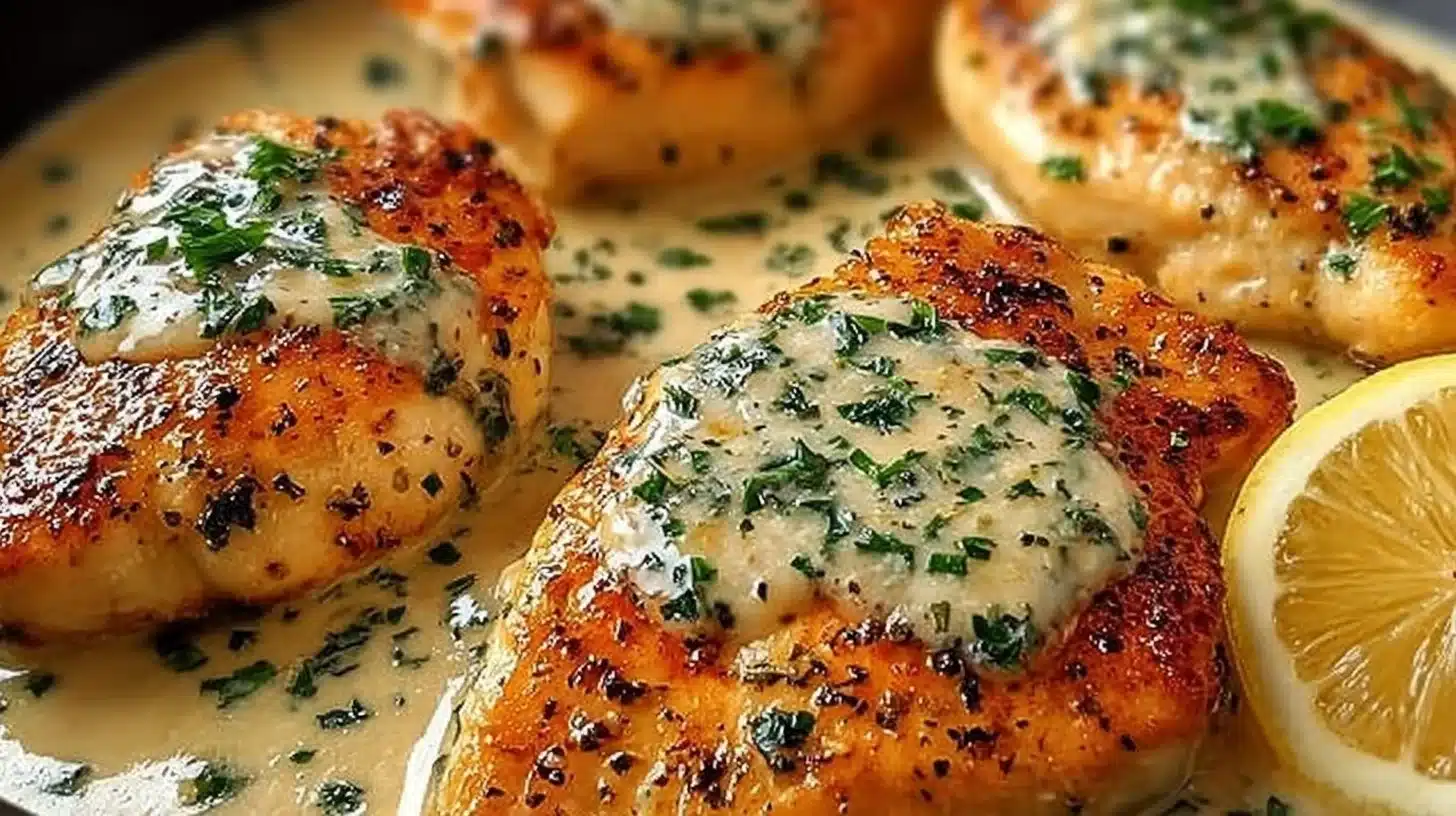 Delicious Garlic Parmesan Chicken garnished with herbs