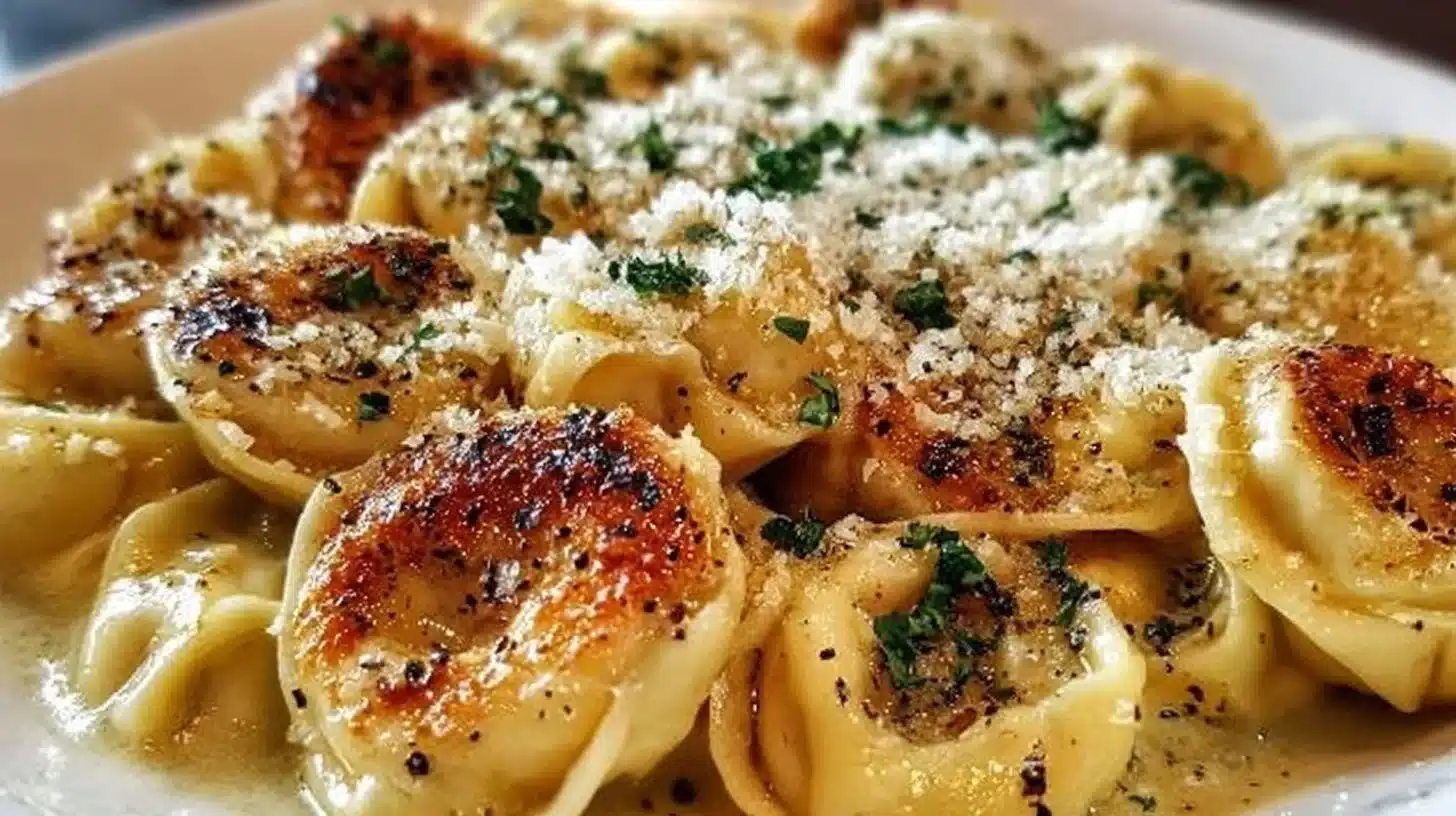Garlic Parmesan Chicken Tortellini for a Creamy Comfort Food Dinner 1 Delicious Garlic Parmesan Chicken Tortellini served with herbs and cheese