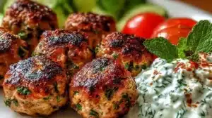 Greek Turkey Meatballs in Tangy Tzatziki Sauce - Easy Dinner Greek Turkey Meatballs served with tangy tzatziki sauce on a plate