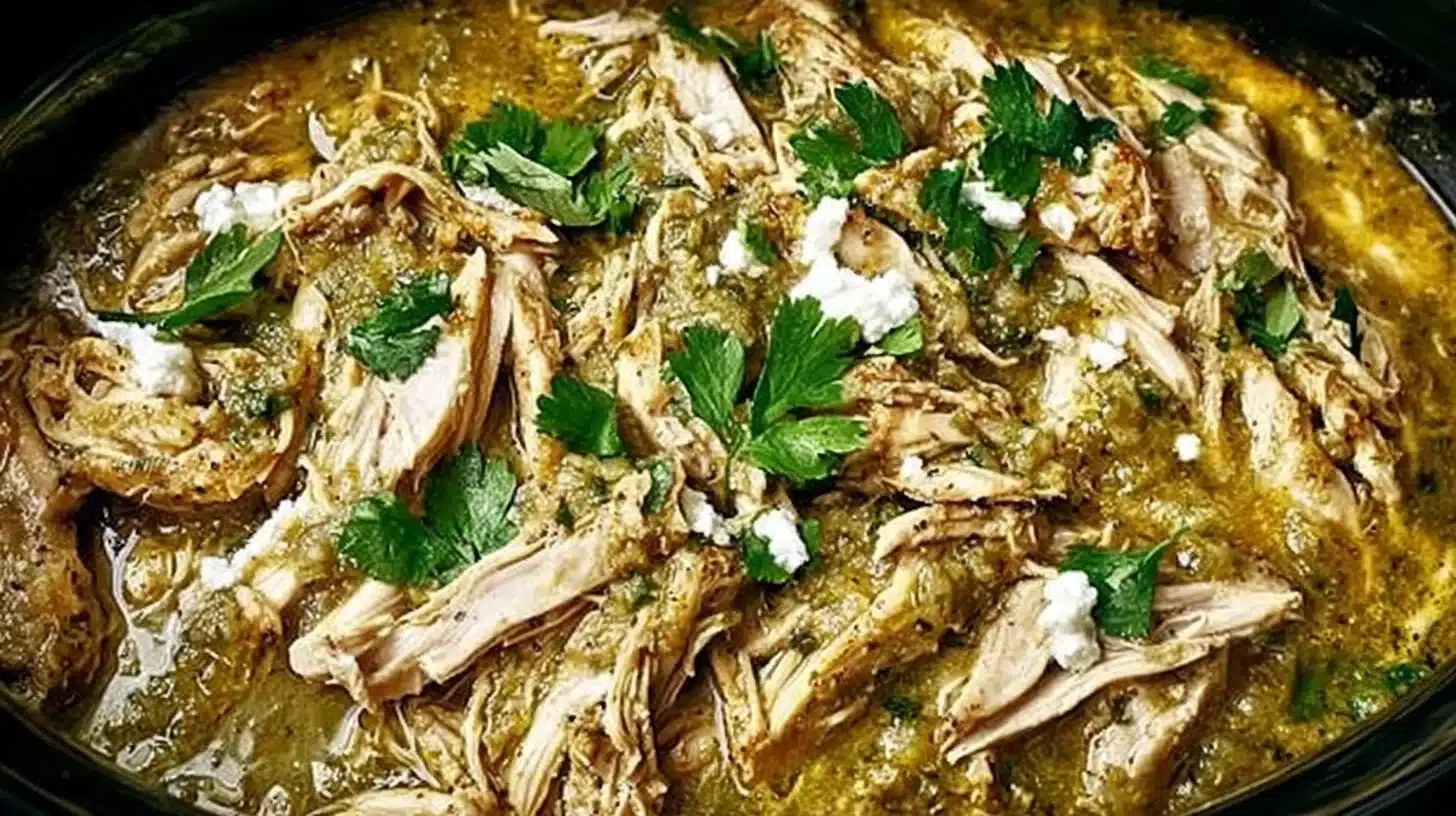 Slow cooker chicken with green sauce served on a plate