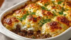 Best Ground Beef and Biscuit Bake for Cozy Weeknight Meals Delicious ground beef biscuit bake topped with golden biscuits and melted cheese