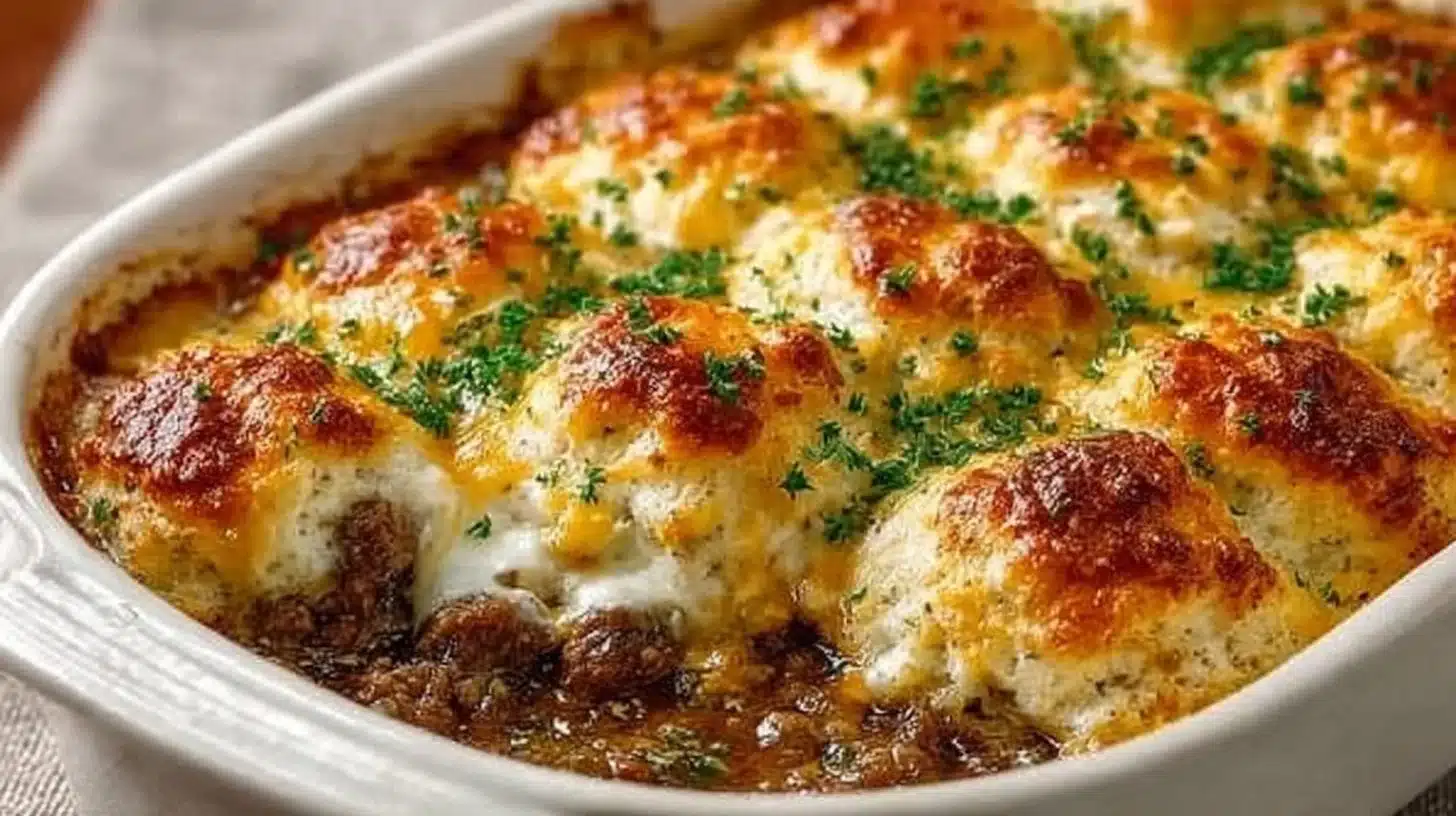 Delicious ground beef biscuit bake topped with golden biscuits and melted cheese