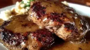 Hamburger Steaks with Brown Gravy for Easy Family Dinners Delicious hamburger steaks topped with savory brown gravy served on a plate.