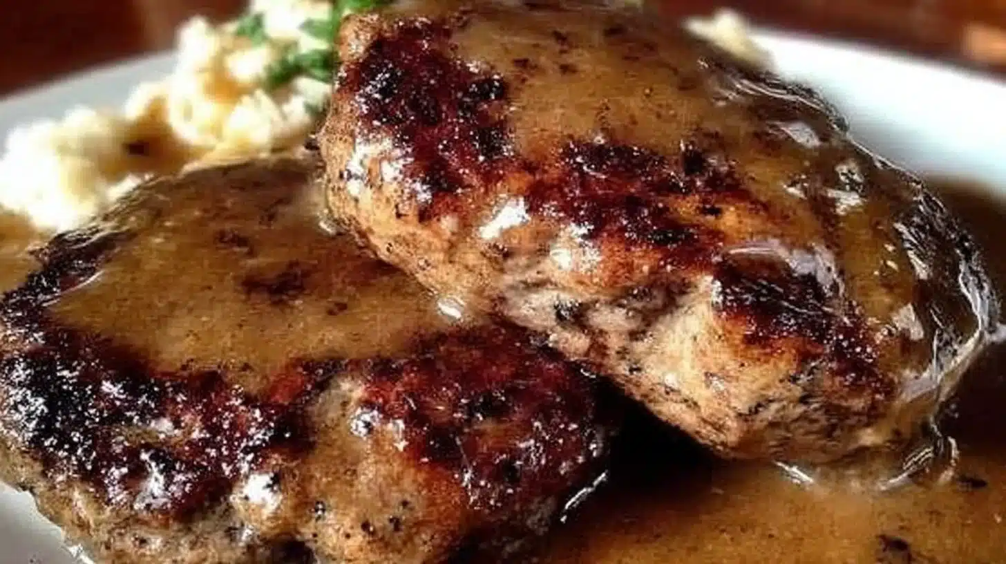 Hamburger Steaks with Brown Gravy for Easy Family Dinners 1 Delicious hamburger steaks topped with savory brown gravy served on a plate.