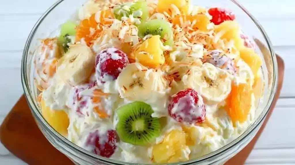 Delicious Hawaiian Cheesecake Salad with fruits and whipped cream
