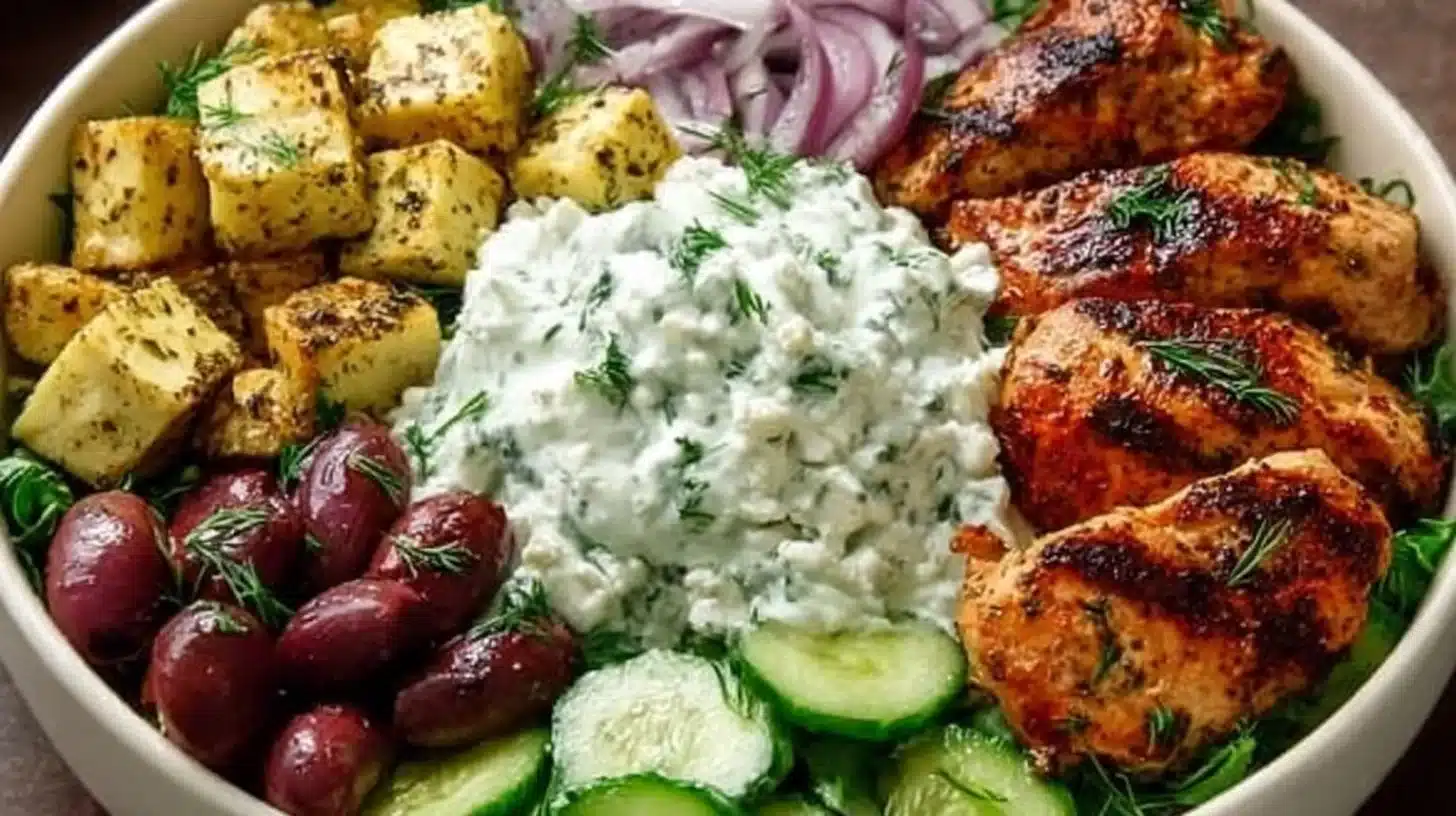 Healthy Greek Chicken Power Bowls: Weeknight Recipe 1 Healthy Greek Chicken Power Bowl with fresh vegetables and grains