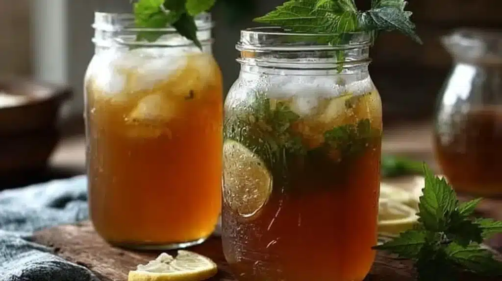 Refreshing Herbal Nettle Iced Tea in a glass with mint leaves and lemon slice