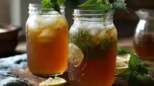 Refreshing Herbal Nettle Iced Tea in a glass with mint leaves and lemon slice