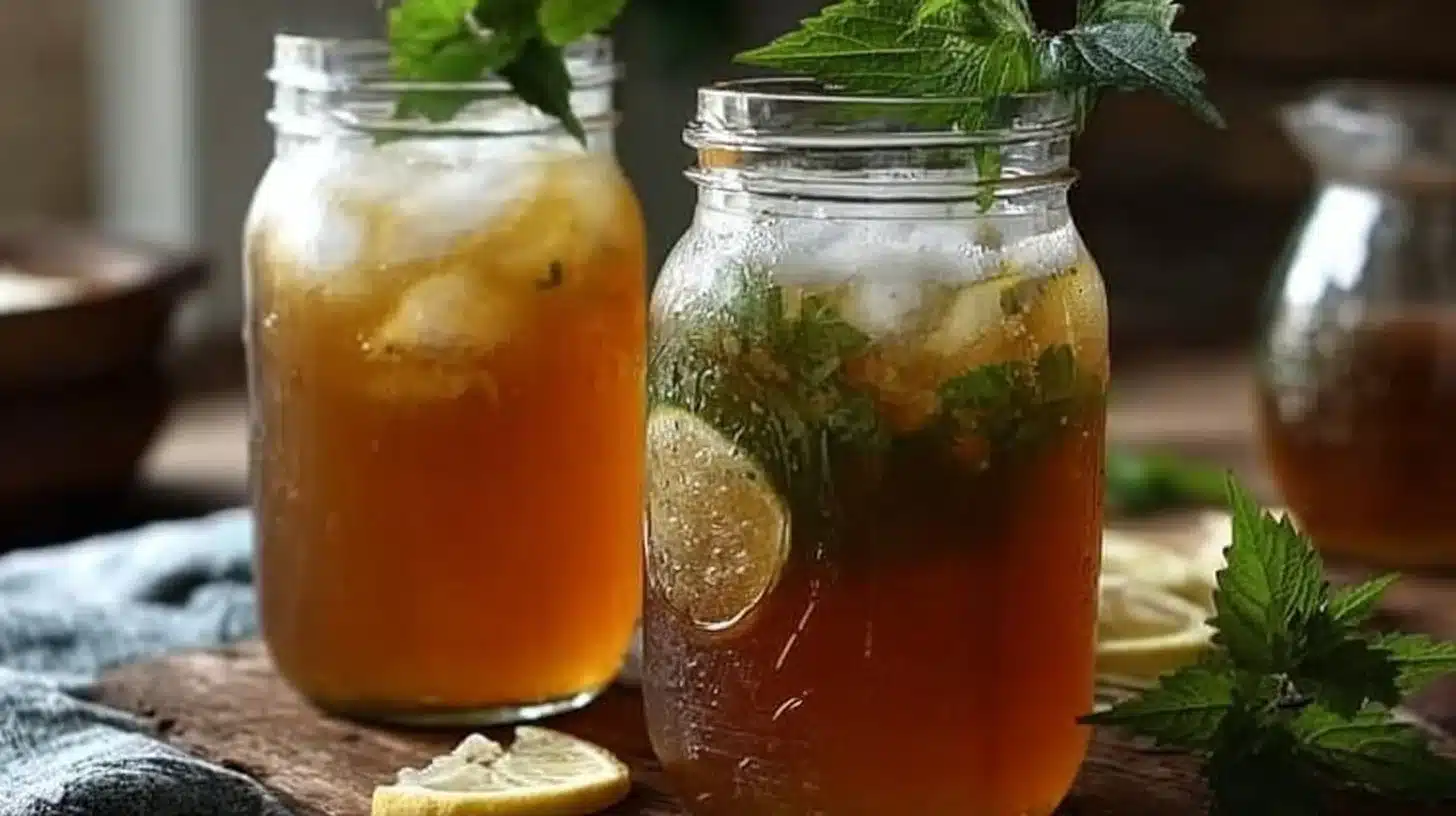 Easy Herbal Nettle Iced Tea Everyone Can Make at Home 1 Refreshing Herbal Nettle Iced Tea in a glass with mint leaves and lemon slice
