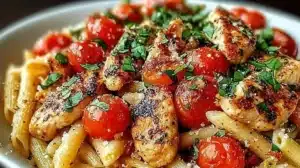Herbed Chicken Pasta with Crispy Bruschetta Topping Herbed chicken pasta with crispy bruschetta topping