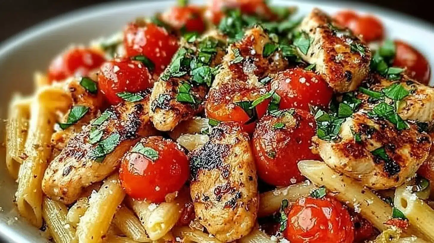 Herbed Chicken Pasta with Crispy Bruschetta Topping 1 Herbed chicken pasta with crispy bruschetta topping