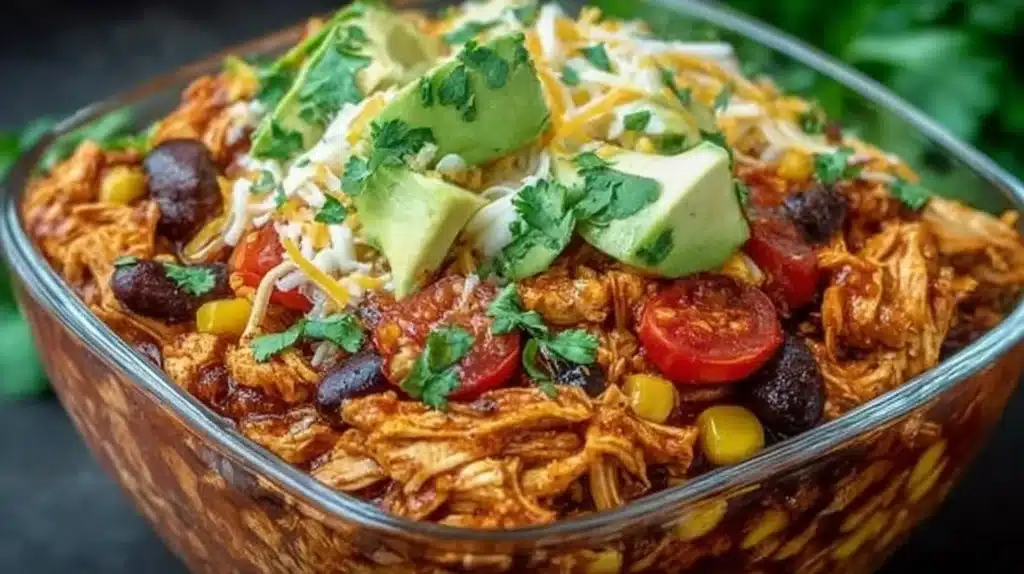 High-protein chicken enchilada bowl with colorful toppings and ingredients