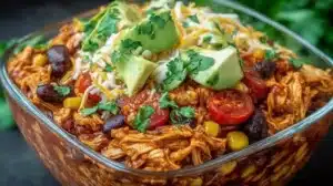 High-protein chicken enchilada bowl with colorful toppings and ingredients