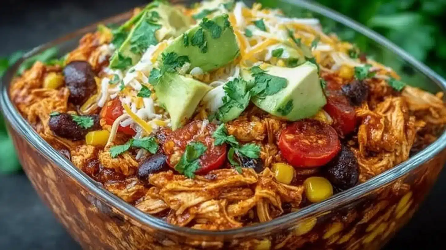 High-protein chicken enchilada bowl with colorful toppings and ingredients
