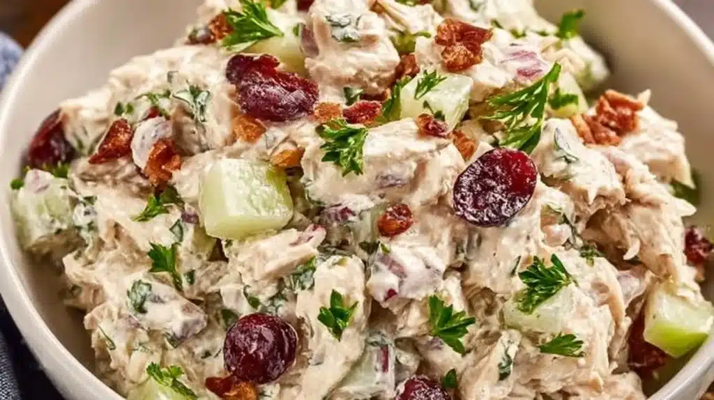 High protein chicken salad with fresh vegetables and seasoning