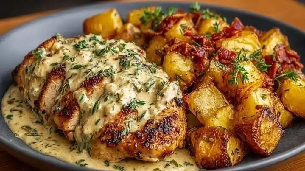 High protein creamy garlic chicken served with crispy potatoes