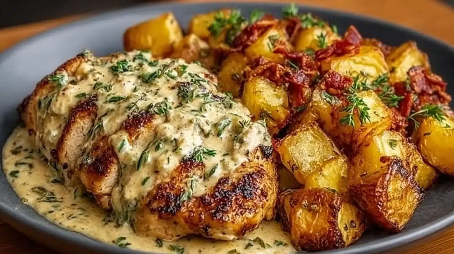 Easy High Protein Creamy Garlic Chicken & Crispy Potatoes Everyone Will Love 1 High protein creamy garlic chicken served with crispy potatoes