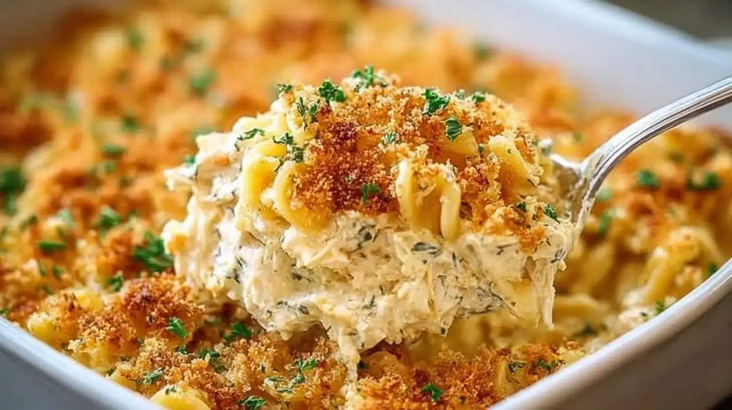 Homemade Million Dollar Chicken Casserole for Easy Family Dinners 1 Homemade million dollar chicken casserole topped with crispy breadcrumbs